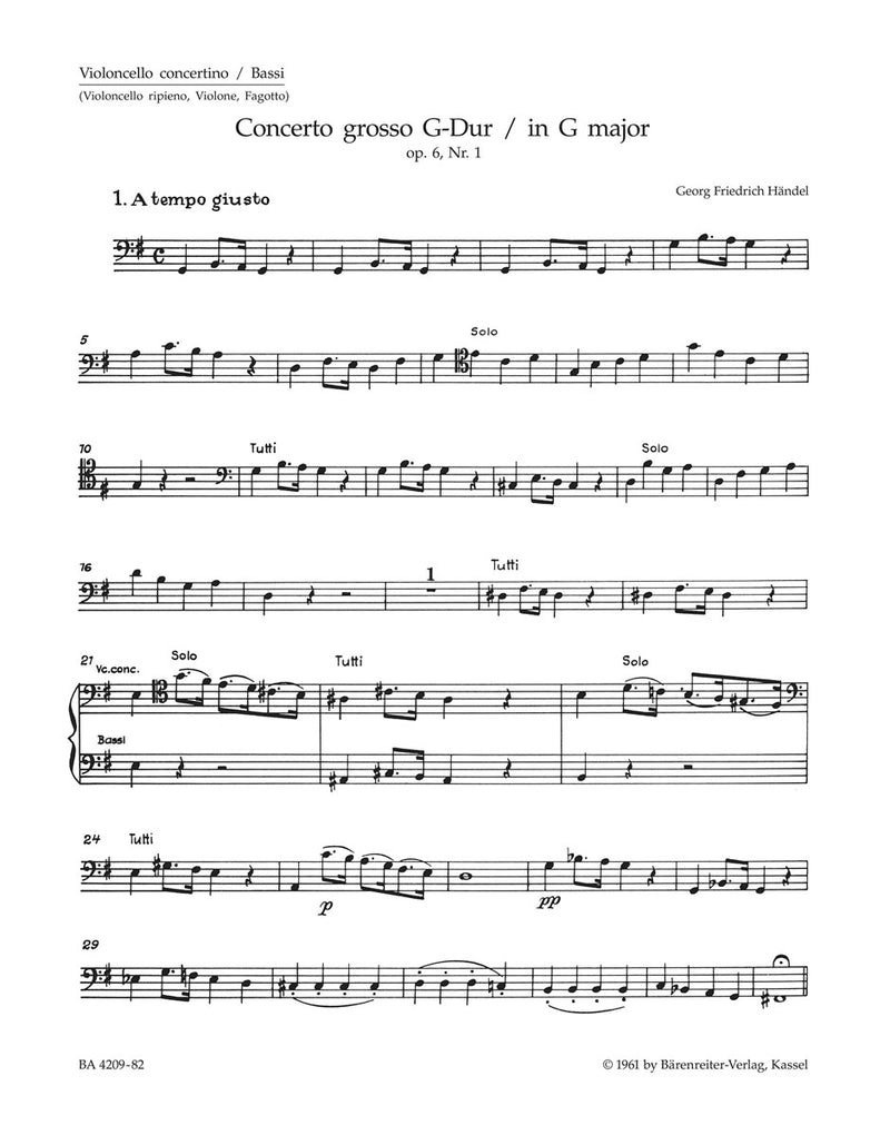 Concerto grosso G-Dur op. 6/1 HWV 319 [cello-Solo/Cello Tutti/double bass/bassoon part]