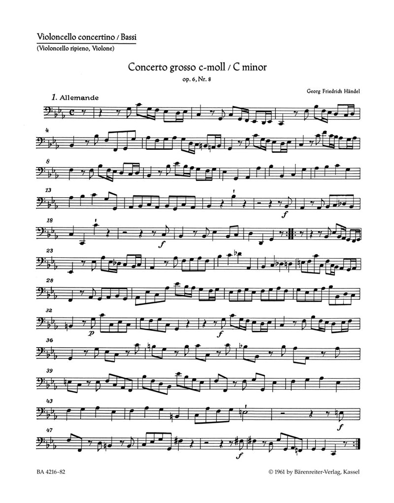 Concerto grosso c-Moll op. 6/8 HWV 326 [cello-solo/Tutti/double bass part]
