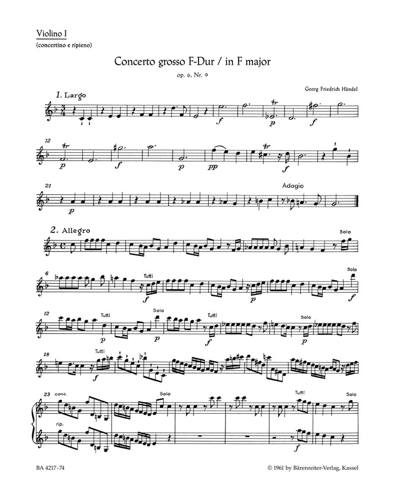 Concerto grosso F major op. 6/9 HWV 327 [violin solo/Tutti1 part]