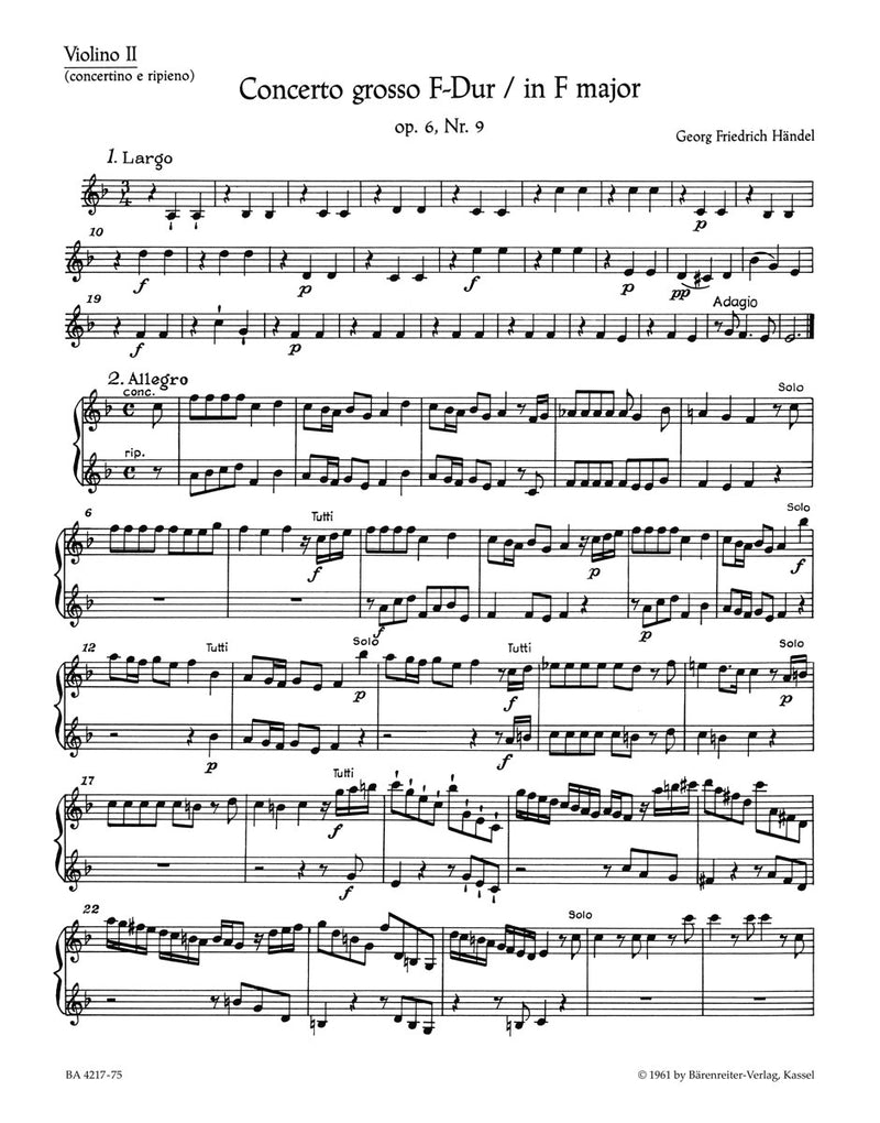 Concerto grosso F major op. 6/9 HWV 327 [violin solo/Tutti2 part]