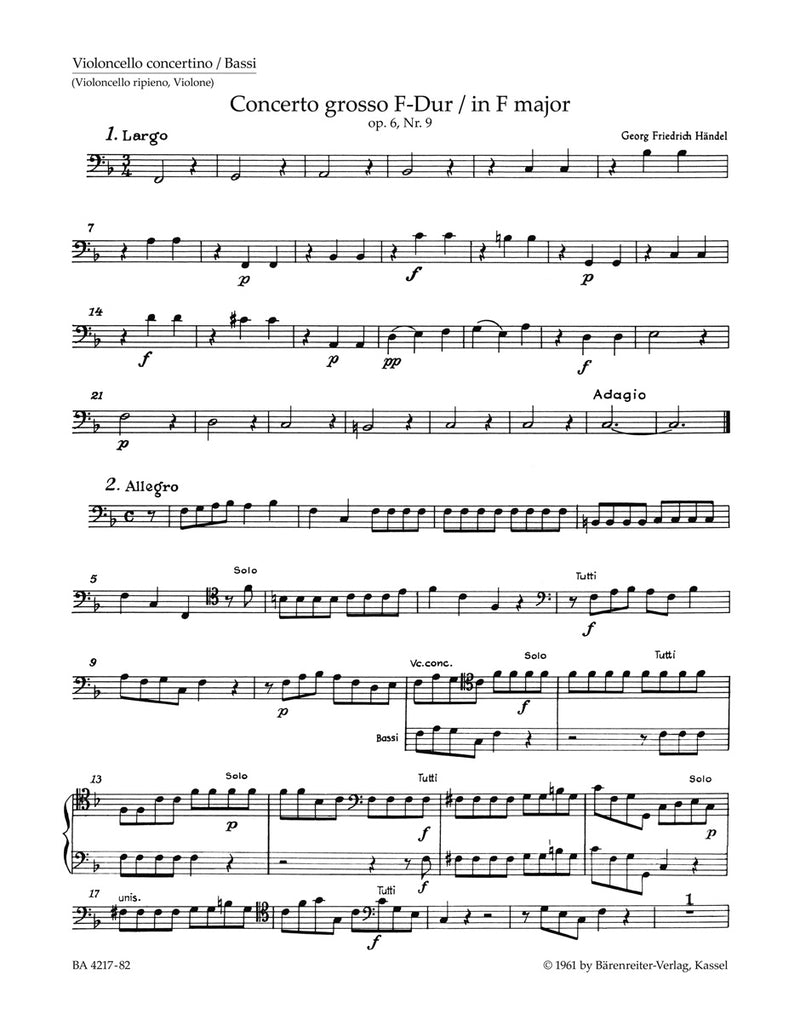 Concerto grosso F major op. 6/9 HWV 327 [cello-solo/Tutti/double bass part]