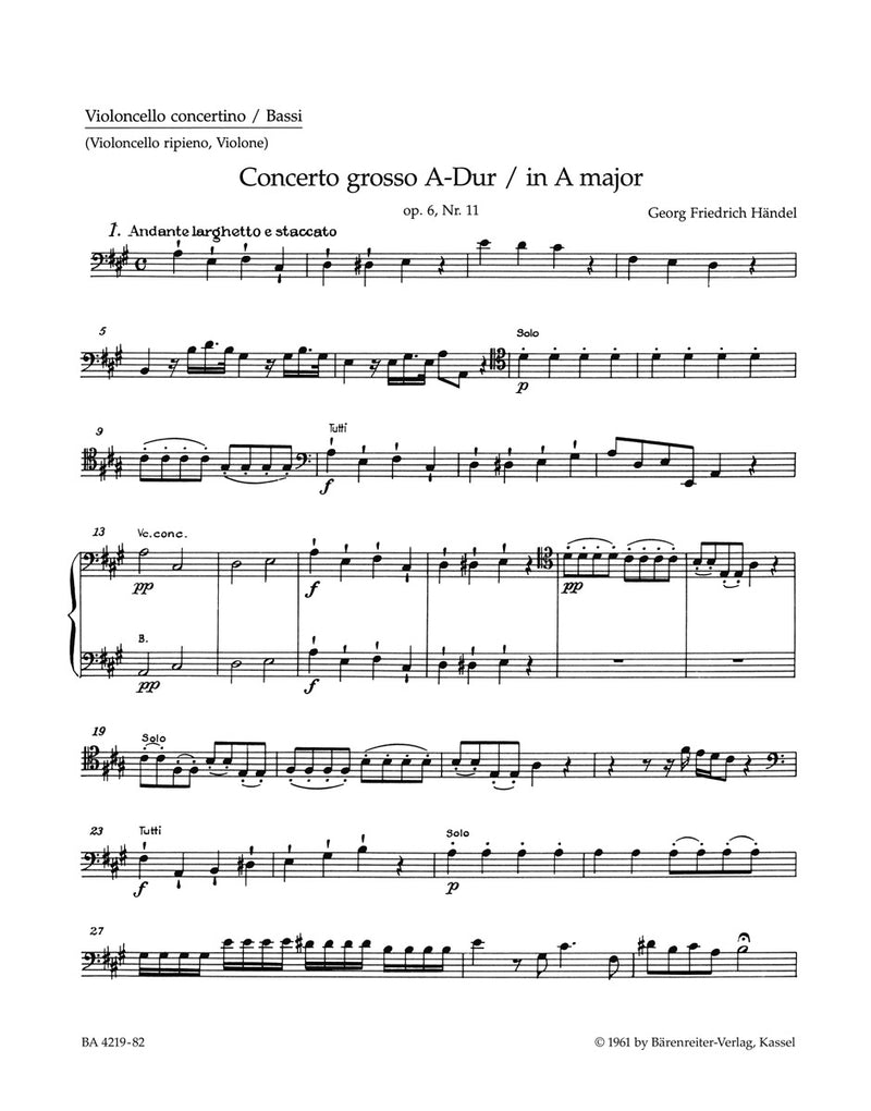 Concerto grosso A major op. 6/11 HWV 329 [cello-Solo/Tutti/double bass part]