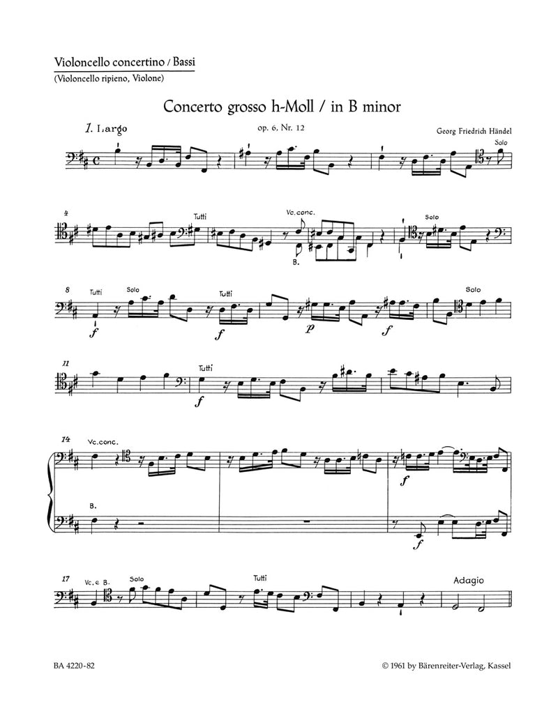 Concerto grosso h-Moll op. 6/12 HWV 330 [cello-solo/Tutti/double bass part]