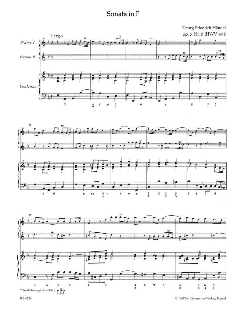 Three Trio Sonatas for Two Violins (Flutes) and Bc op. 5 HWV 397, 398, 401 [Performance score, set of parts]
