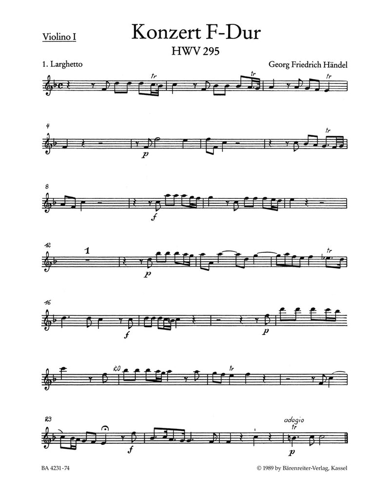 Concerto for organ and orchestra Nr. 13 F major HWV 295 "The Cuckoo and the Nightingale" [Violin 1 part]