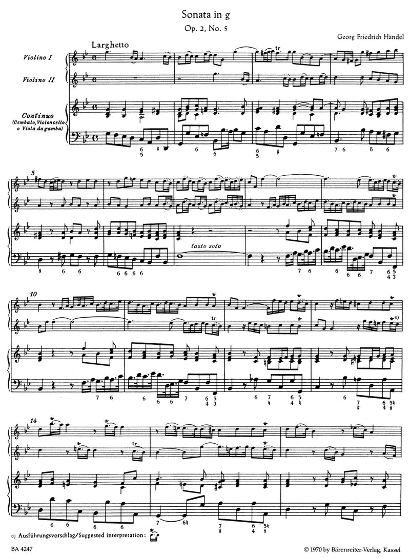 Trio Sonata for Two Violins (Flutes, Descand Recorders, Oboes [Oboe, Violin]) and Bc G minor op. 2/5 HWV 390a [score & parts]