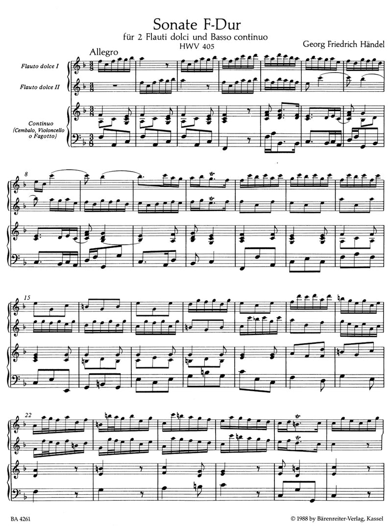 Trio Sonata F major for Two Alto Recorders and Basso continuo HWV 405 [score & parts]