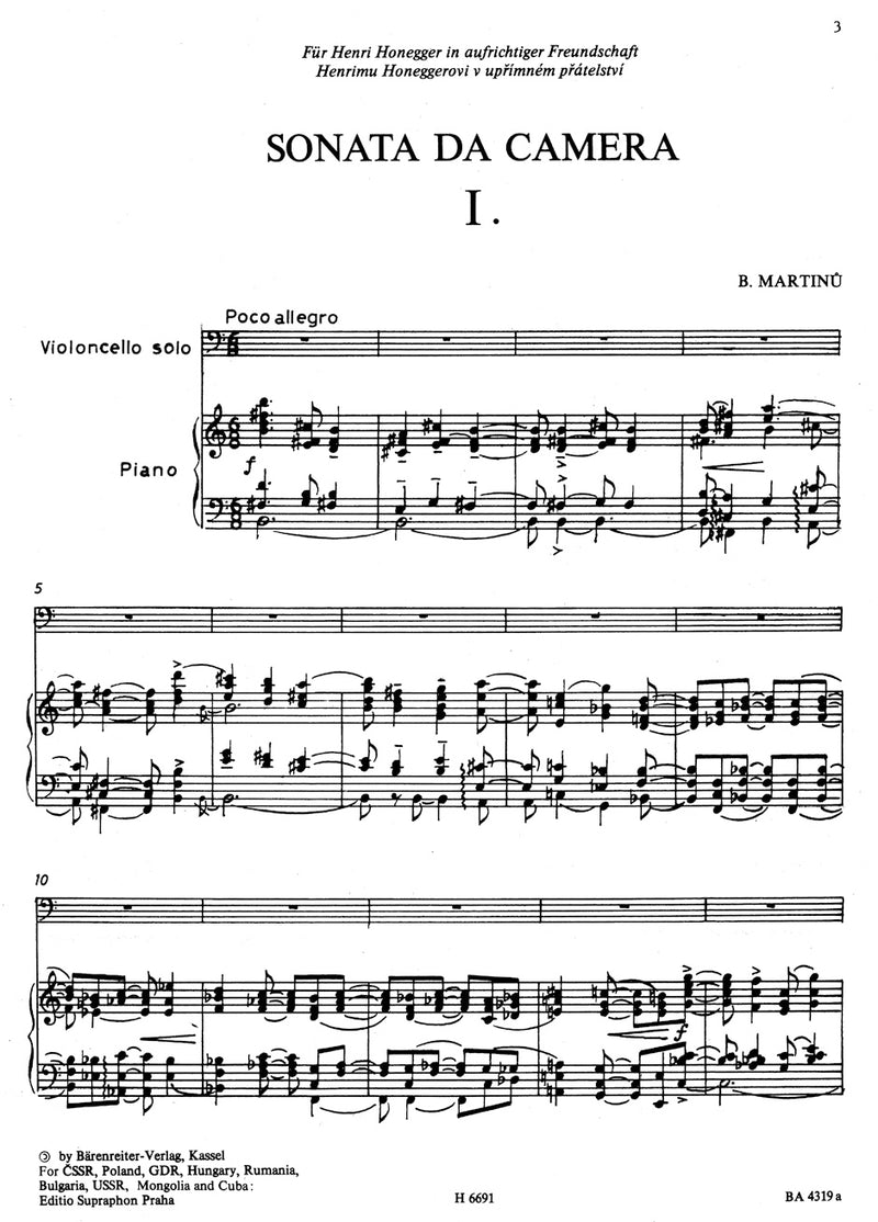 Sonata da camera for Violoncello and Chamber Orchestra (1940) （ピアノ・リダクション）