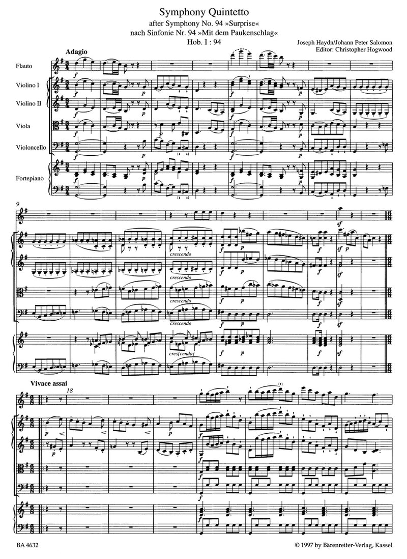 Symphony Quintetto G major Hob.I:94 (after Symphony No. 94 "Surprise" for Flute, String Quartet and Piano ad libitum) [score & parts]