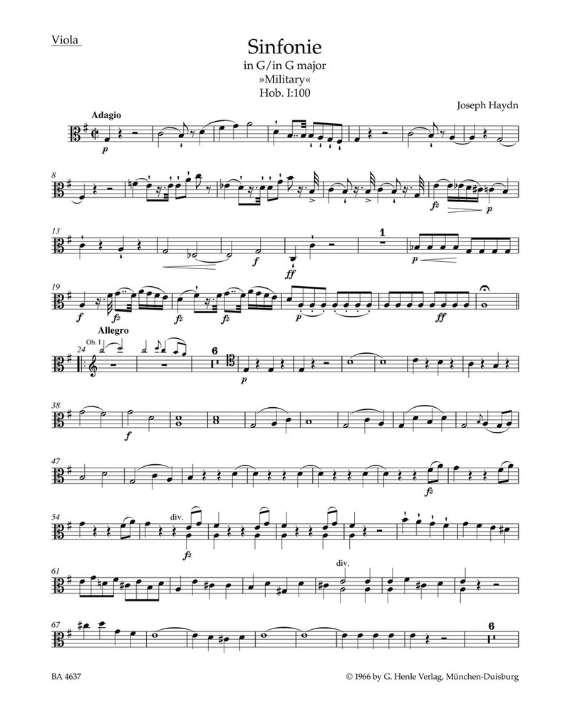 Symphony G major Hob. I:100 "Military" [viola part]