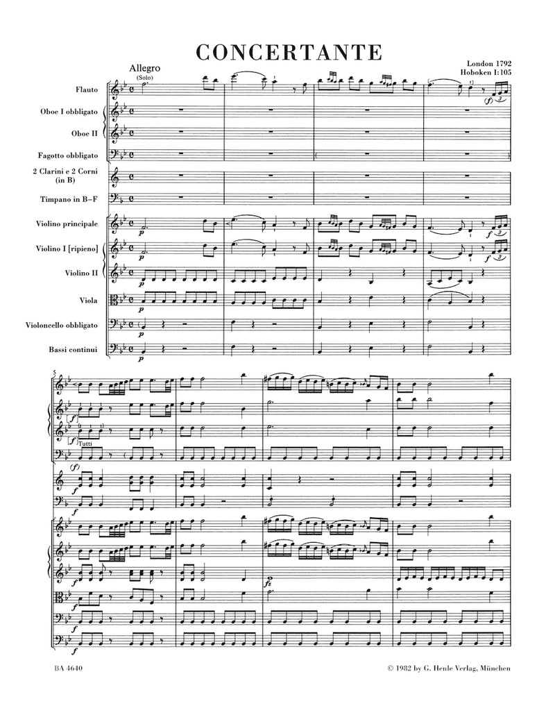 Concertante for Oboe, Bassoon, Violin, Cello and Orchestra Hob. I:105 [score]