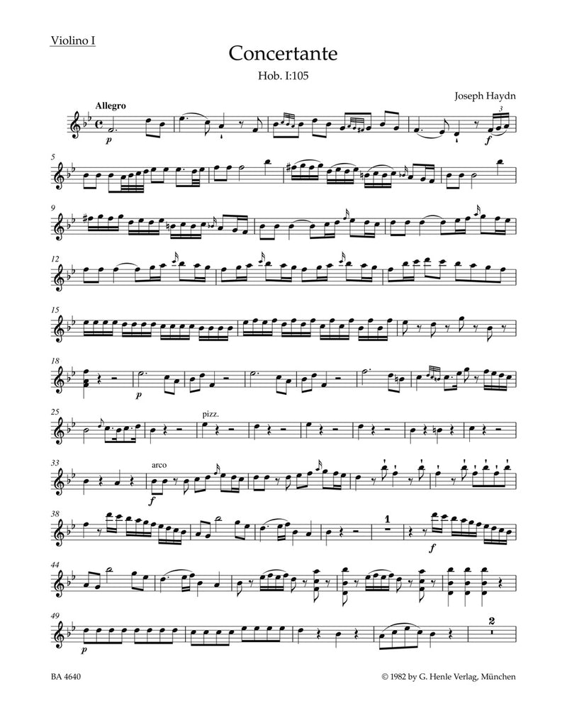 Concertante for Oboe, Bassoon, Violin, Cello and Orchestra Hob. I:105 [violin 1 part]
