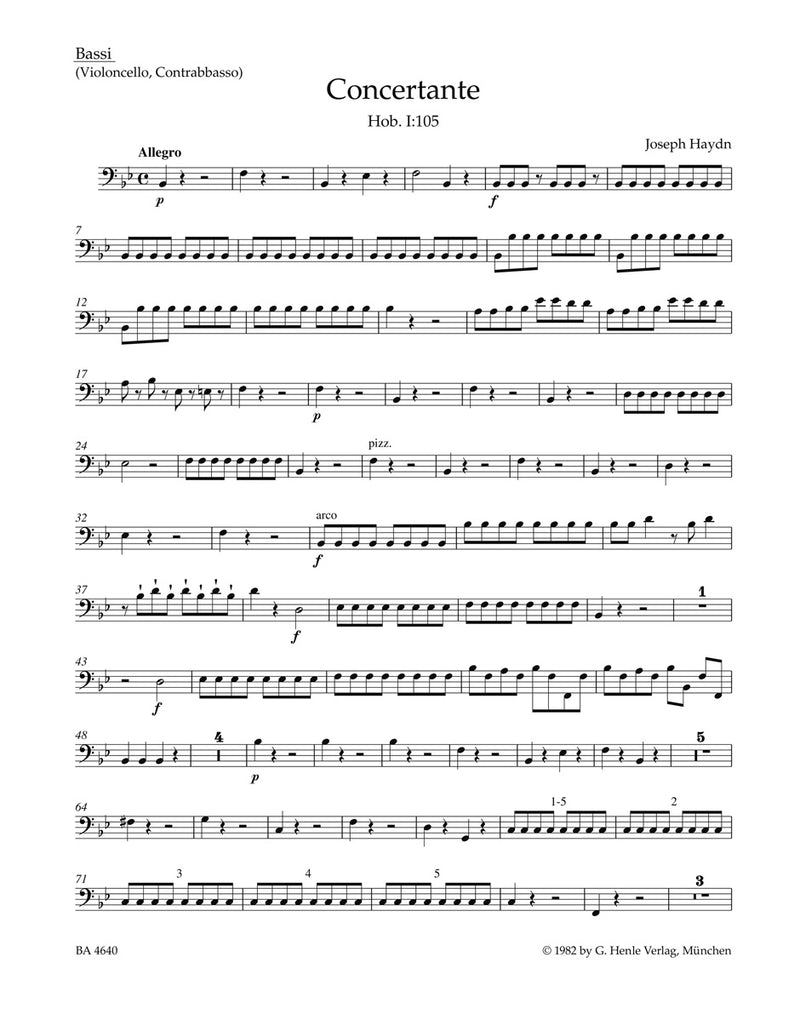 Concertante for Oboe, Bassoon, Violin, Cello and Orchestra Hob. I:105 [cello/double bass part]