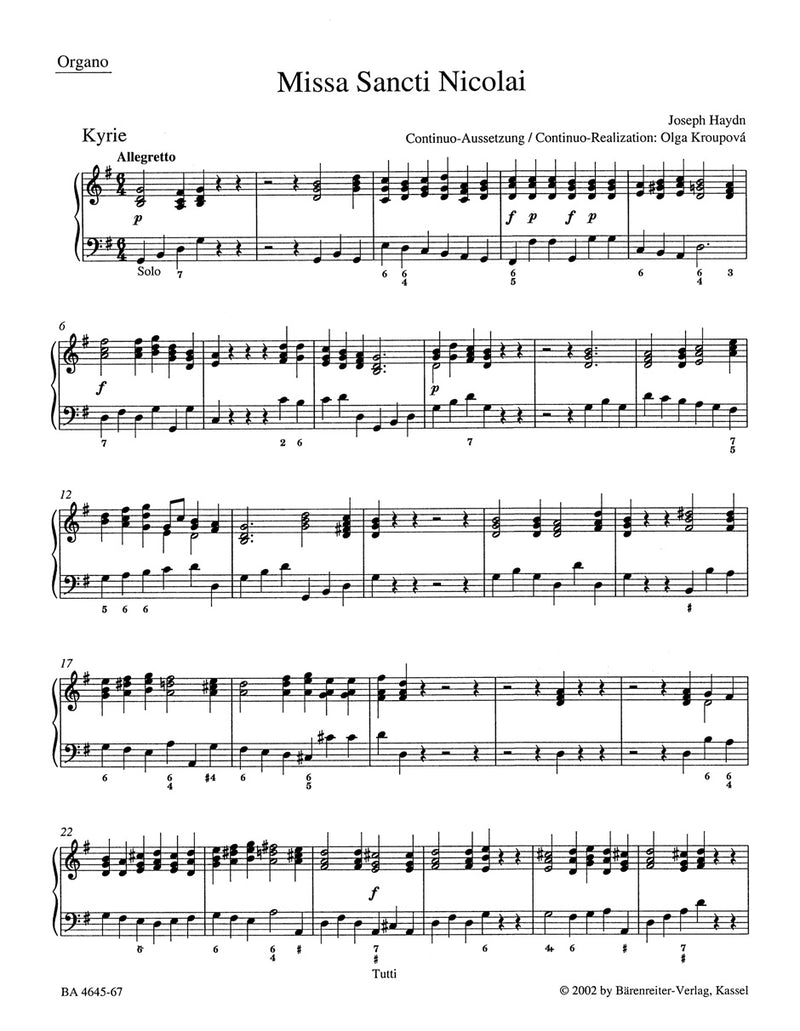 Missa Sancti Nicolai Hob. XXII:6 "Nicolai Mass" [organ part]