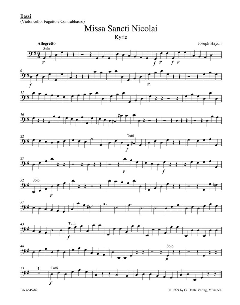 Missa Sancti Nicolai Hob. XXII:6 "Nicolai Mass" [cello/double bass/bassoon part]