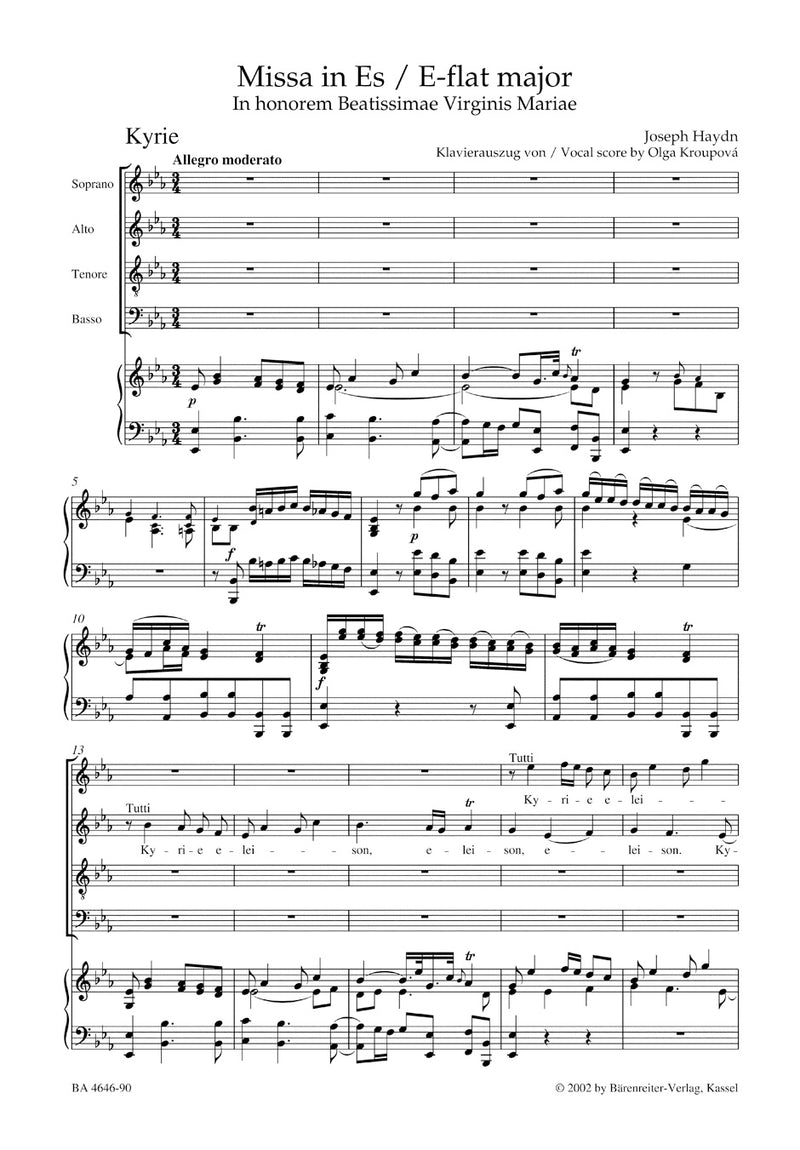 Missa in honorem Beatissimae Virginis Mariae E-flat major Hob. XXII:4 "Great Organ Mass" （ヴォーカル・スコア）