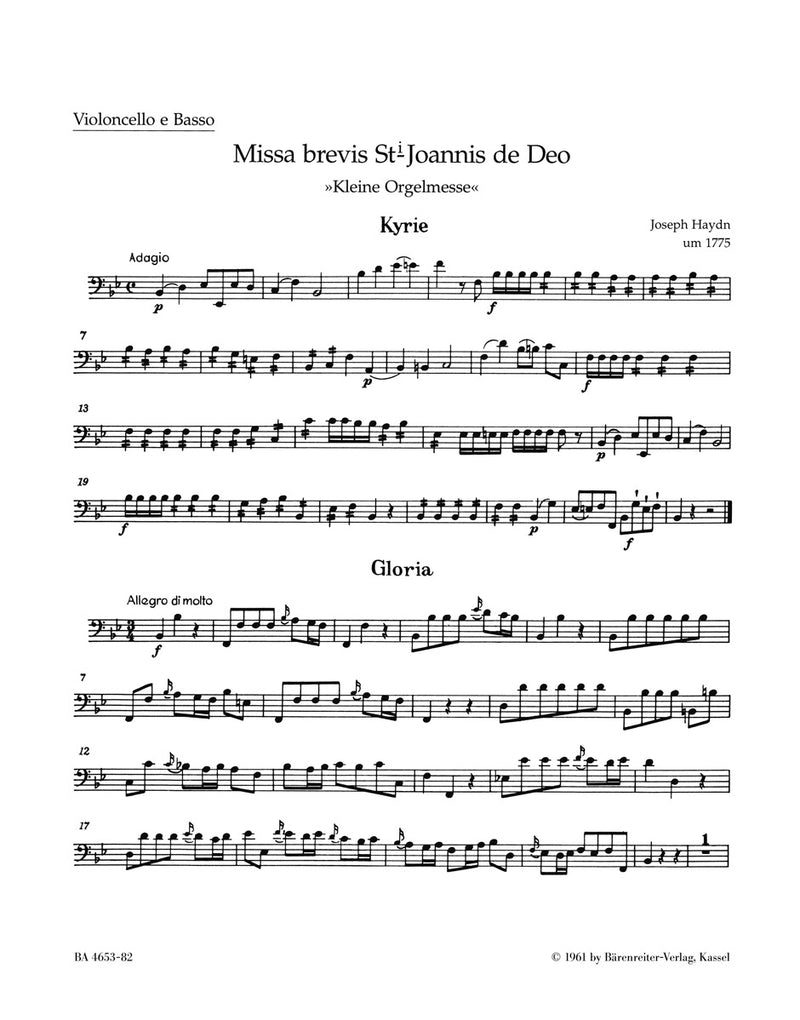 Missa brevis Sancti Joannis de Deo Hob.XXII:7 "Little Organ Mass" [cello/double bass part]