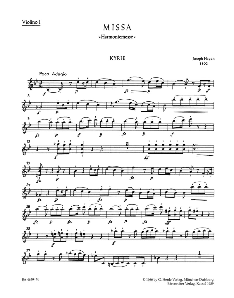 Missa B-Dur "Harmoniemesse" = Missa in B-flat major Hob.XXII:14 "Harmony Mass" [violin 1 part]