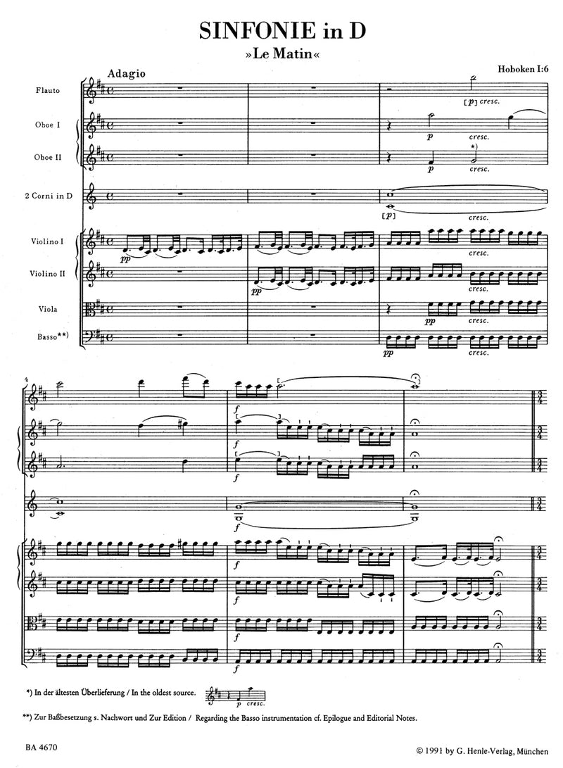 Symphony Nr. 6 D major Hob. I:6 "Le Matin" [score]