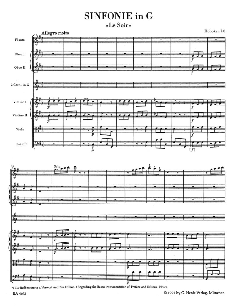 Symphony Nr. 8 G major Hob.I:8 "Le Soir" -With 2 violino concertato- [score]