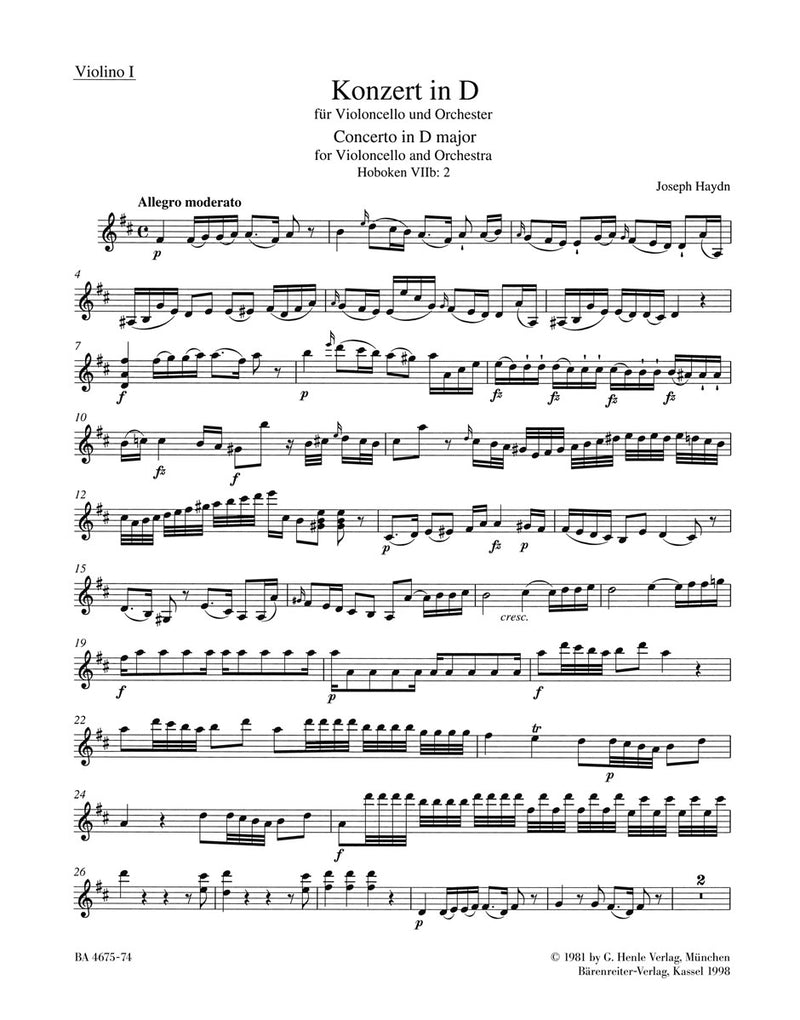 Concerto for Violoncello and Orchestra D major Hob. VIIb:2 [violin 1 part]