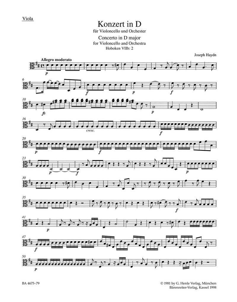 Concerto for Violoncello and Orchestra D major Hob. VIIb:2 [viola part]
