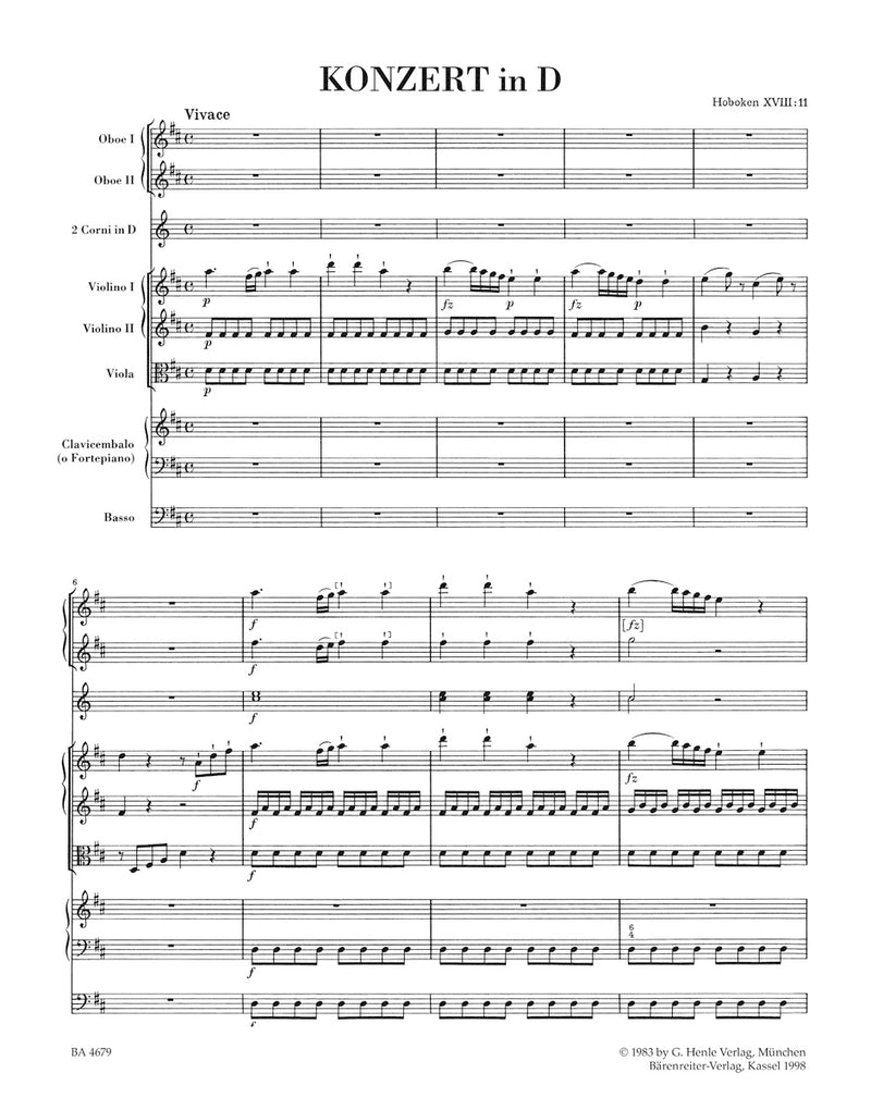 Concerto in D major for Piano (harpsichord) and Orchestra Hob. XVIII:11 [score]
