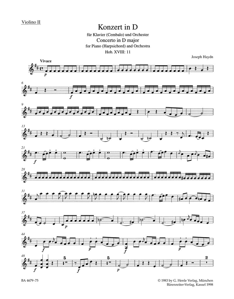 Concerto in D major for Piano (harpsichord) and Orchestra Hob. XVIII:11 [violin 2 part]