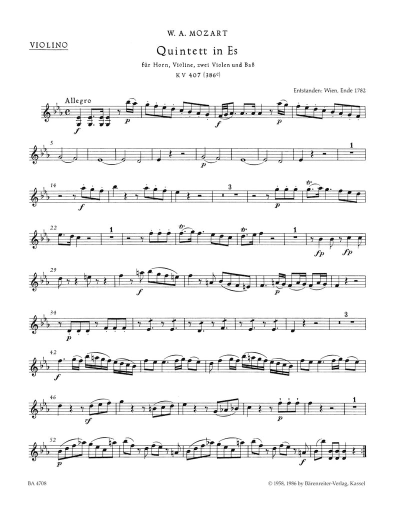 Quintet for Horn, Violin, Two Violas and Bass (Violoncello) E-flat major K. 407 (386c) [set of parts]