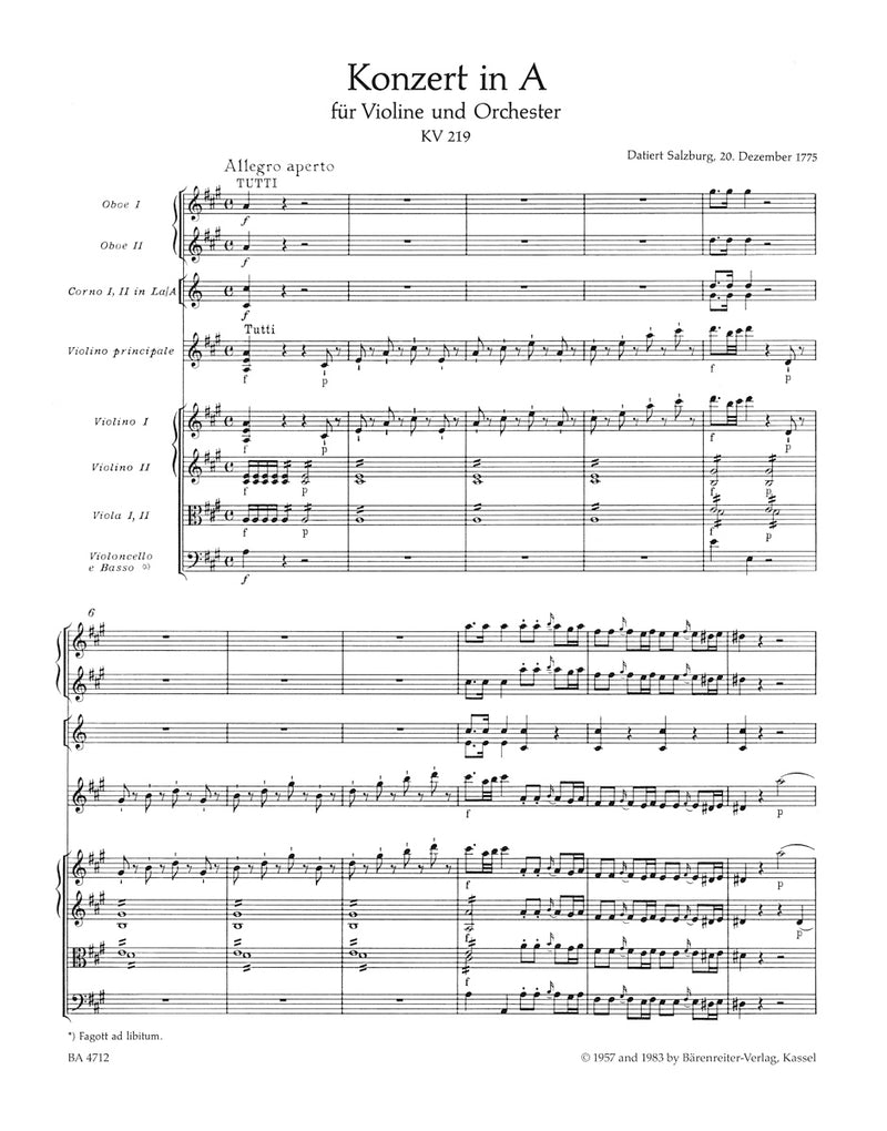 Concerto for Violin and Orchestra Nr. 5 A major K. 219 [score]