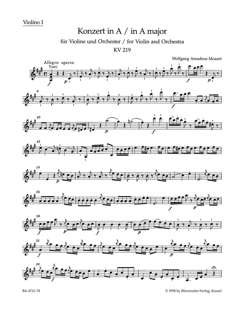 Concerto for Violin and Orchestra Nr. 5 A major K. 219 [violin 1 part]
