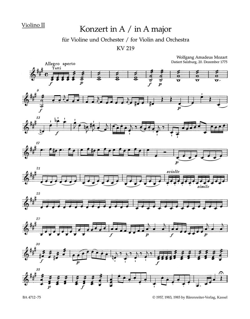 Concerto for Violin and Orchestra Nr. 5 A major K. 219 [violin 2 part]