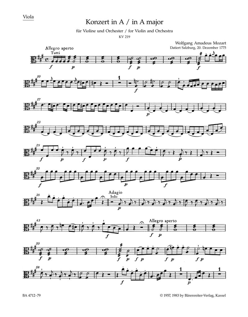 Concerto for Violin and Orchestra Nr. 5 A major K. 219 [viola part]