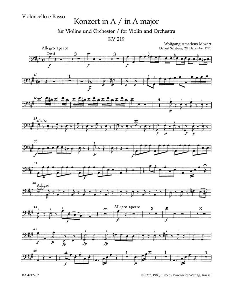 Concerto for Violin and Orchestra Nr. 5 A major K. 219 [cello/double bass part]