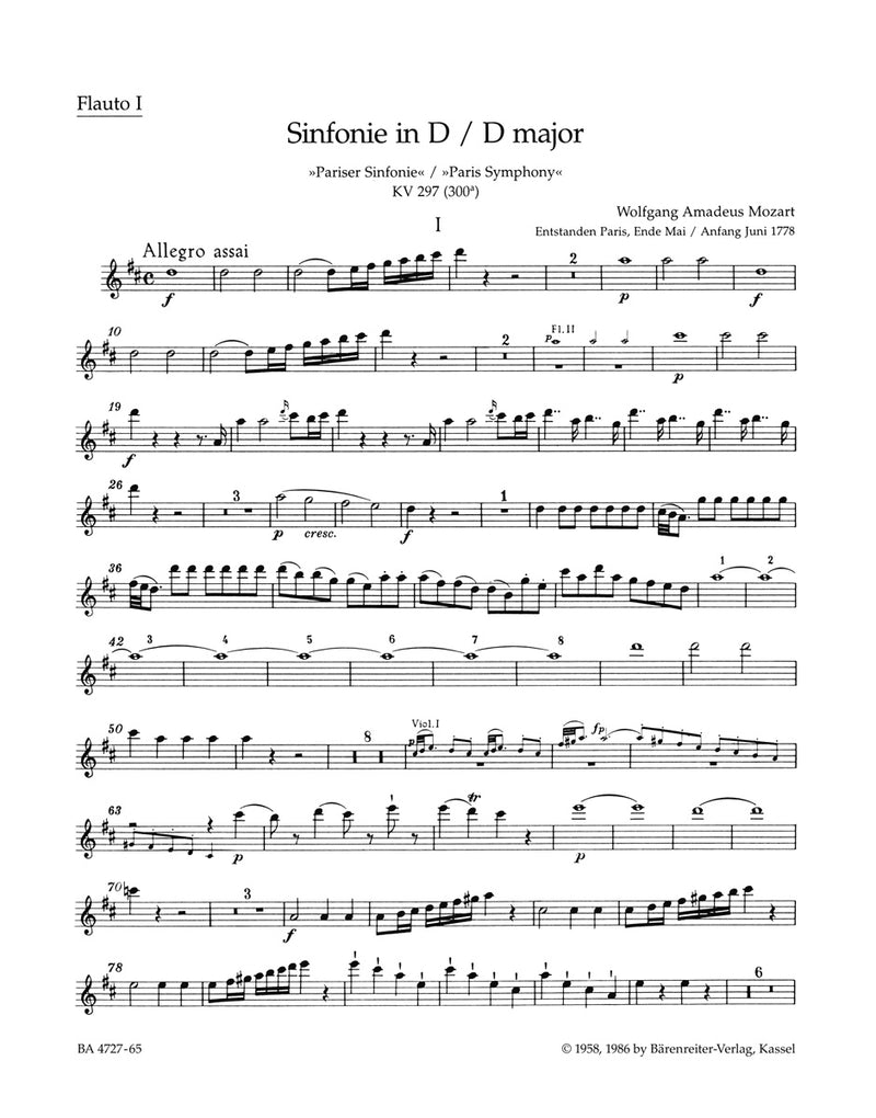 Symphony Nr. 31 D major K. 297 (300a) "Paris Symphony" [set of wind parts]