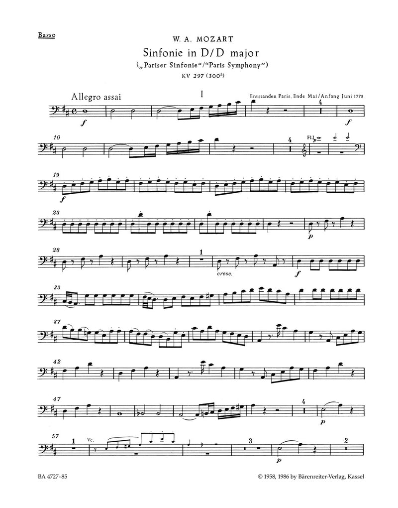 Symphony Nr. 31 D major K. 297 (300a) "Paris Symphony" [double bass part]