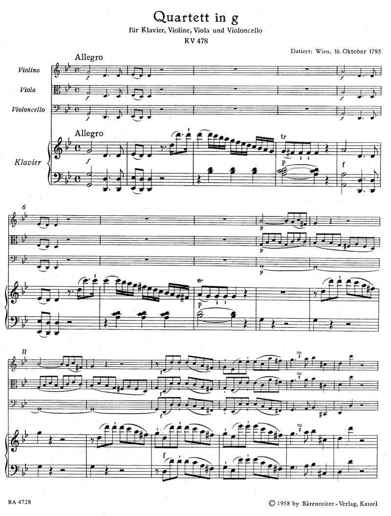 Quartet for Piano, Violin, Viola and Violoncello G minor K. 478 (Piano Quartet) [Performance score, set of parts]