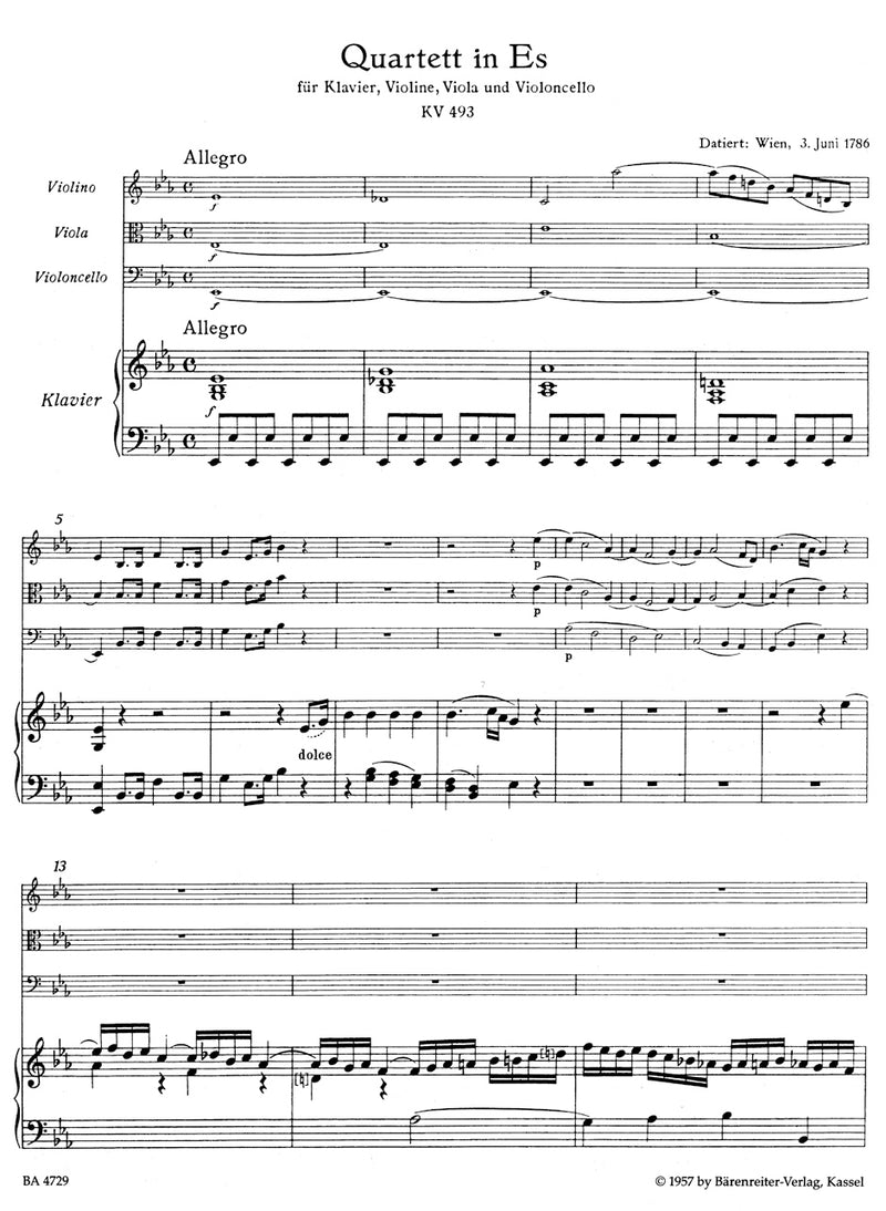 Quartet for Piano, Violin, Viola and Violoncello K. 493 [Performance score, set of parts]