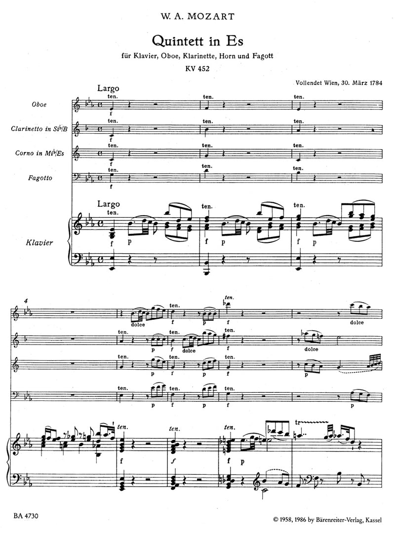 Quintet for Piano, Oboe, Clarinet, Horn and Bassoon E-flat major K. 452 (Piano Quintet) [Performance score, set of parts]