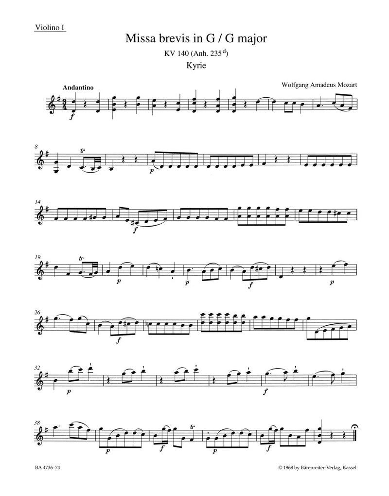 Missa brevis G major K. 140 (235d) [violin 1 part]