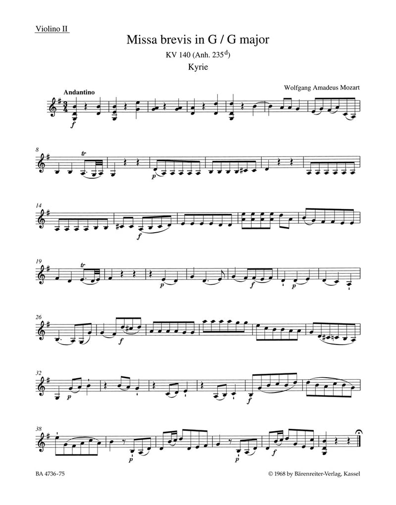 Missa brevis G major K. 140 (235d) [violin 2 part]