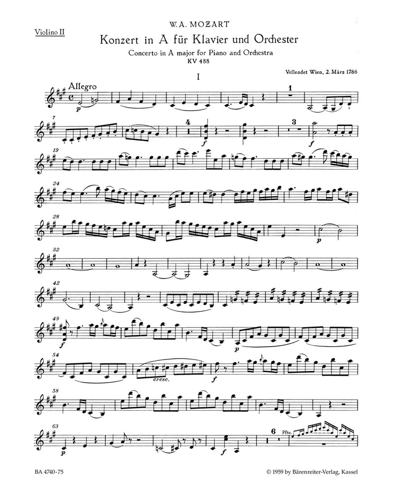 Concerto for Piano and Orchestra Nr. 23 A major K. 488 [violin 2 part]