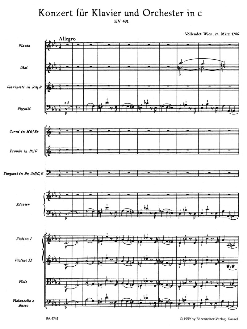 Concerto for Piano and Orchestra Nr. 24 C minor K. 491 [score]