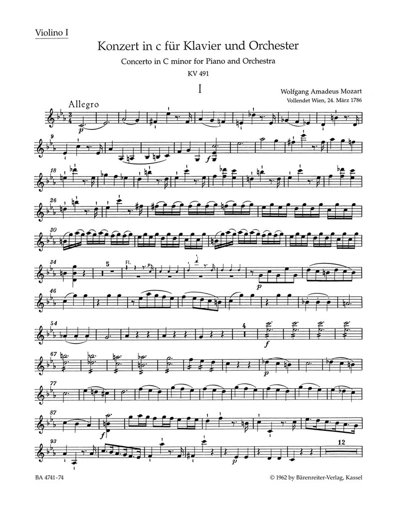 Concerto for Piano and Orchestra Nr. 24 C minor K. 491 [violin 1 part]