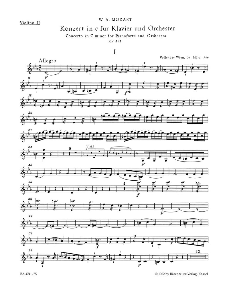 Concerto for Piano and Orchestra Nr. 24 C minor K. 491 [violin 2 part]