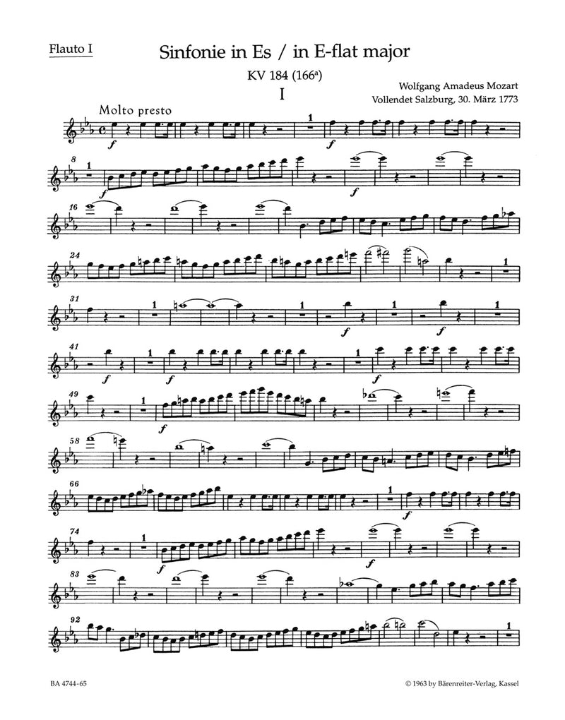 Symphony Nr. 26 E-flat major K. 184(166a) [set of wind parts]