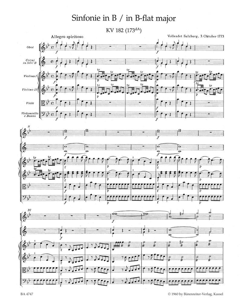 Symphony Nr. 24 B-flat major K. 182 (173dA) [score]