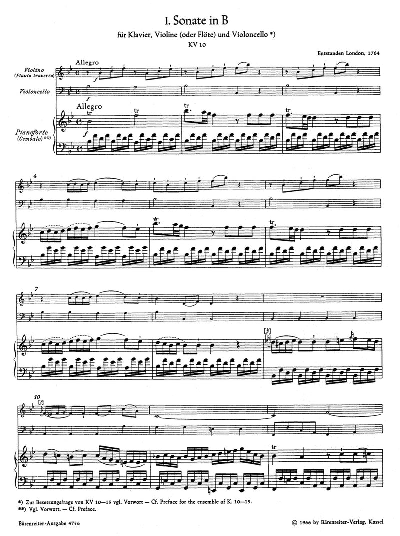 Six Sonatas for Piano (harpsichord), Violin (flute), and cello, K. 10-15 [Performance score, set of parts]