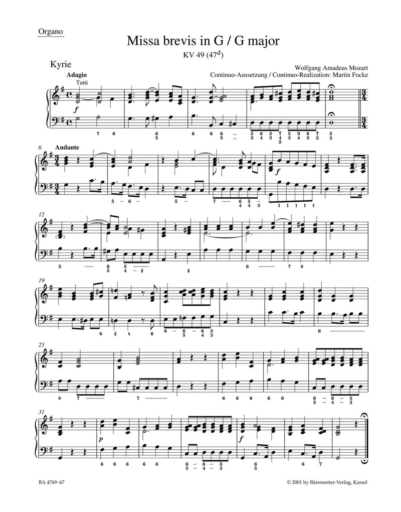 Missa brevis G major K. 49 (47d) [organ part]