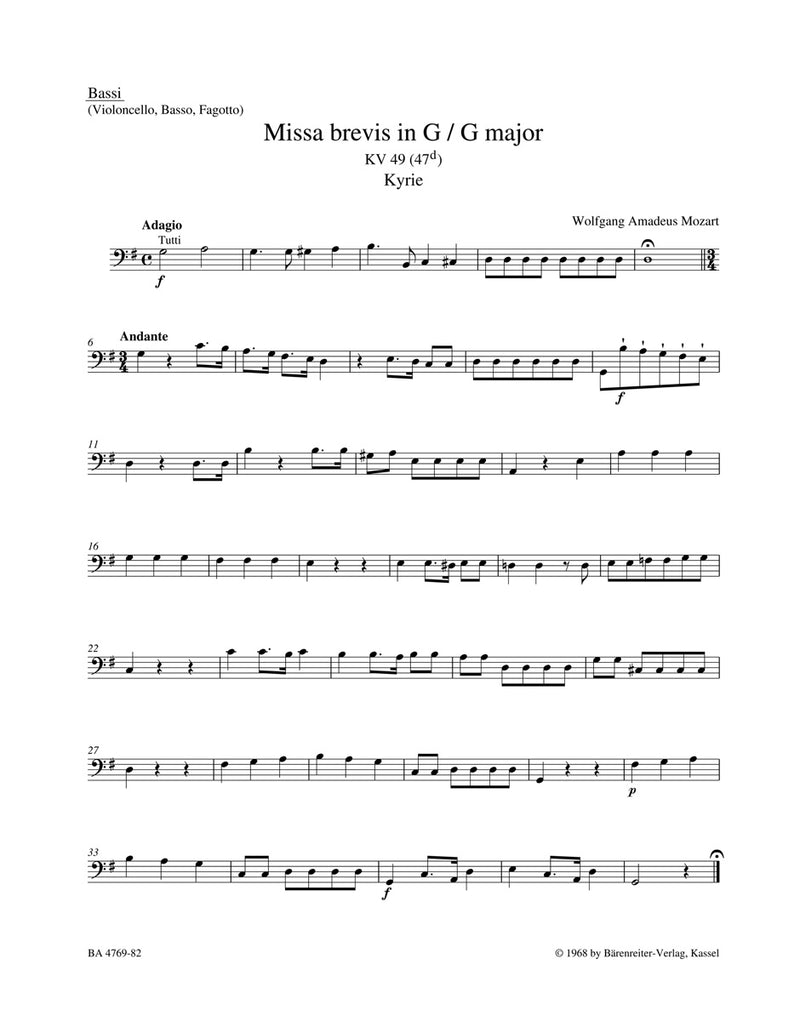 Missa brevis G major K. 49 (47d) [cello/double bass/bassoon part]